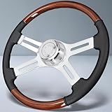 Sorghum 18' Solid Wood Steering Wheel - 4 Spokes Aluminum Chrome Leather Cover Steering Wheel with Horn Button for Semi-Trailers Trucks Compatible with Mack Kenworth Peterbilt Volvo Freightliner