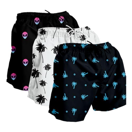 Kit 3 Short Masculino Estampado Moda Praia Estilo Mauricinho Bermuda Verão (M, Preto Alien Gelo Azul