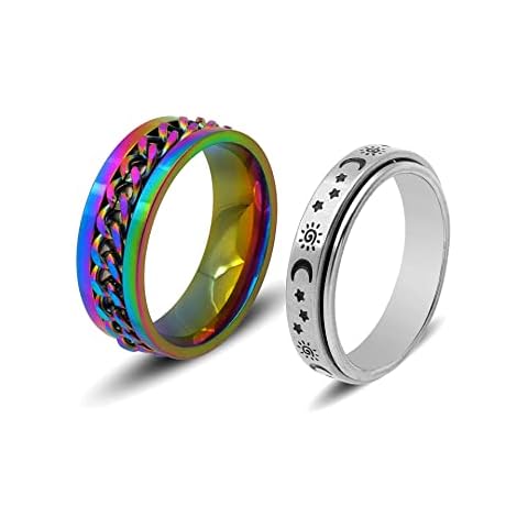 ZZ ZINFANDEL Stainless Steel Fidget Ring Set for Women Men,Anxiety Rings Moon Star Fidget Ring for Anxiety Stress Relieving Band Rings (COLOR, 8) Cover