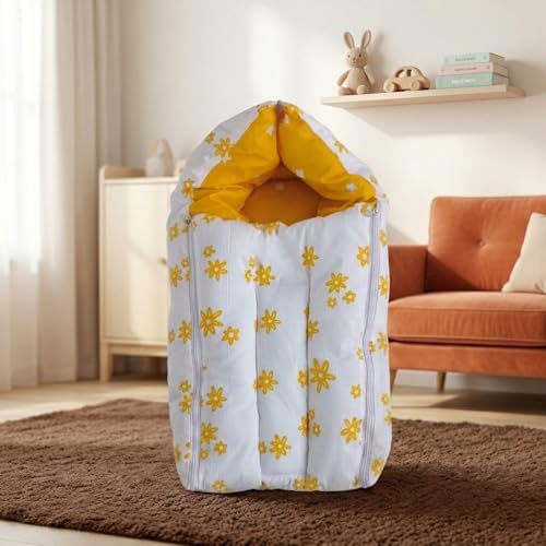 Image of 3-in-1 Baby Sleeping Bag & Carry Nest - Yellow Unisex Baby Nest + 100% Cotton Swaddle Wrap 0-3 Months, Orange Daisy Design - Skin-Friendly, Breathable, Multi-Purpose Bedding Set for Newborns