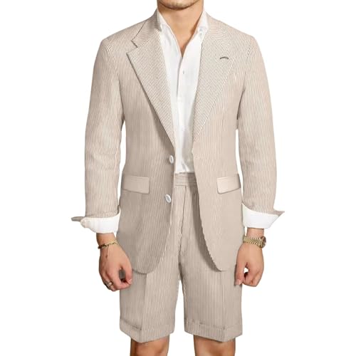 Mens Suit 2 Piece Seersucker Striped Jacket Blazer Shorts Suits Summer Tuxedo Set Grooms SearSucker Men Suits Wedding