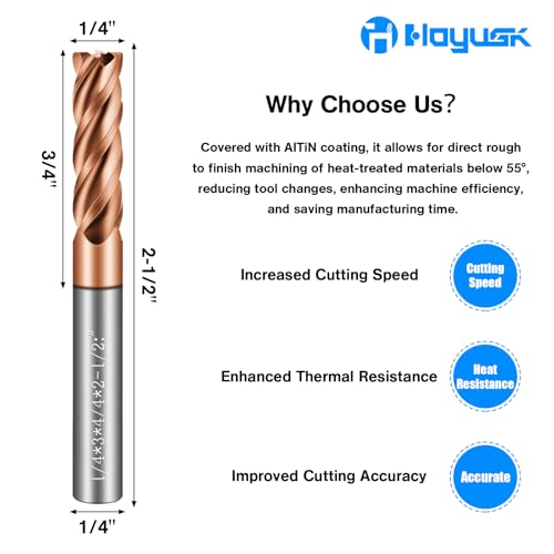 Image of 1 /4 inch Carbide End Mills - 4 Flute Square End Mill with AlTiN Coating, HRC 55 Deg, 4T Tungsten Milling Bits for Stainless Steel, Hardened Steel, Cast Iron, Copper, Alloys & More