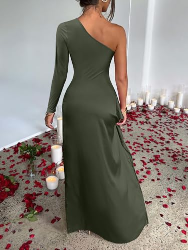 Caracilia Womens Wedding Guest Maxi Dress 2025 Fall One Shoulder Sleeve Satin Bodycon High Split Cocktail Formal Prom Dresses4
