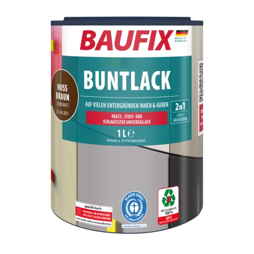 BAUFIX Buntlack braun, 1 Liter, wasserverdünnbarer Buntlack für innen & außen, schnelltrocknend, wetterbeständig, geeignet für Holz, Zink, Beton, Eisen & Mauerwerk, Lack & Haftgr&ierung in einem Cover
