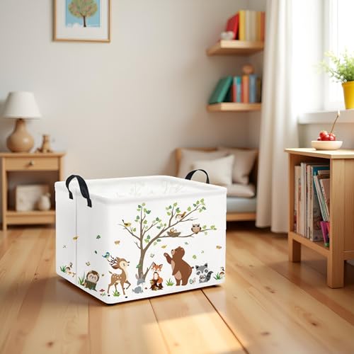Image of Rectangular Kids Storage Basket Baby Storage Basket with Handles for Home Kitchen Boys and Girls Cute Toy Storage Bin Organizer Shelf Book Room Decor(Tree Animal)