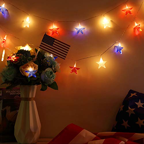 4Th Of July Star String Light, 10 Ft 20 Leds Red Blue White American Usa Stars Sting Light Patriotic Decoration For Independence Day Memorial Day Presidents Day Battery Powered Control 8 Modes #TOP4