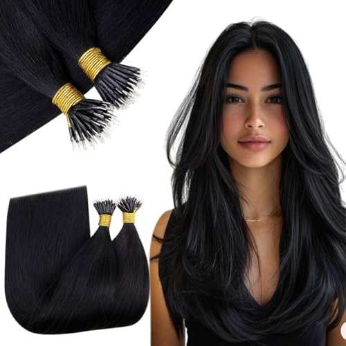 RUNATURE Nano Beads Hair Extensions Real Human Hair 22 Inch Nano Hair Extensions Real Human Hair Black Remy Straight Natural Black Invisible Nano Ring Hair 50s 50g #1