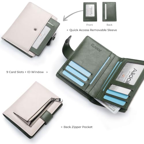 Image of Alldaily Small Slim RFID Blocking Leather Wallet for Women, Bifold with 10 Card Slots and Coin Pocket (Cream&Olive Green)
