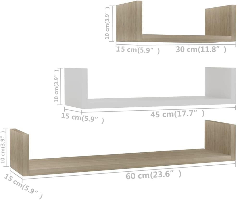 vidaXL Wall Shelf 3 Pcs, Floating Shelf, Display Shelf, Wall Mounted Shelf for Book Photo Frame, Modern Style, White and Sonoma Oak Engineered Wood
