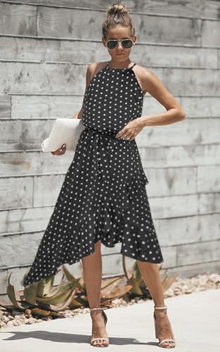 Image of ECOWISH Polka Dot Women Summer Dresses Casual Midi A Line Ruffle High Low Sleeveless Boho Floral Halterneck Cocktail Sundress