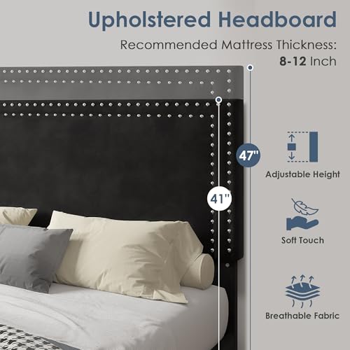 Image of VECELO Twin Size Upholstered Bed Frame with Storage Drawer, Adjustable Velvet Rivet Decor Headboard, Wooden Slats Platform Support, No Box Spring Needed, Easy Assembly,Black