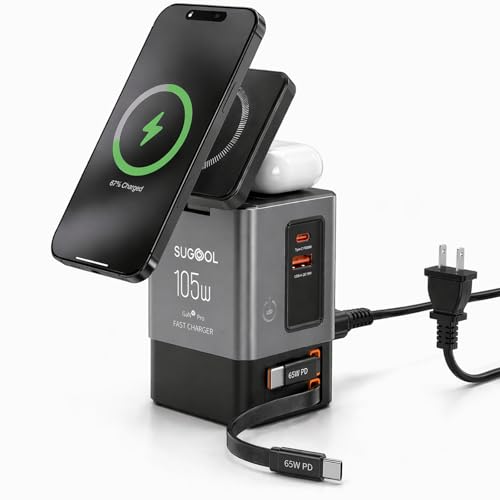 105W GaN Retractable Charger, 6-in-1 Charging Station with Magnetic Pad  MagSafe Compatible, USB-C Fast Charging for iPhone, AirPods, MacBook, Apple Watch, and Other Phones, Tablets, Laptops