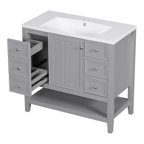 Image of Favfurish 36 inch Bathroom Vanity with Ceramic Sink,Undermount Single Basin Bath Vanity Set w /Soft-Close Door and 3 Drawers,Modern Freestanding Storage Cabinet w /Open Shelf,Solid Wood Frame,Grey
