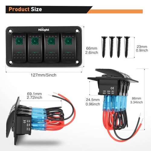 Image of Nilight 4 Gang Rocker Switch Panel SPST On Off Toggle with DIY Label Sticker | 5PIN Electrical 12V /20A 24V /10A Aluminum Plate with Pre-Wired Jumper Wires for LED Light Bar RV Boats 4X4 Cars Green