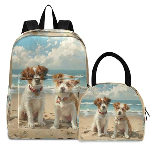 Kids School Bag Set Cooler Bag Waterproof, Kids Backpacks with Lunch Bag, Cute Dogs Beach