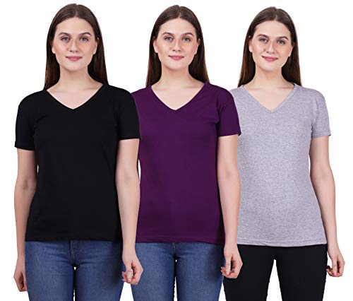 Image of FLEXIMAA Women's Cotton Plain V Neck Half Sleeve Black Purple & Grey Melange Color T-Shirt Size - Pack of 3