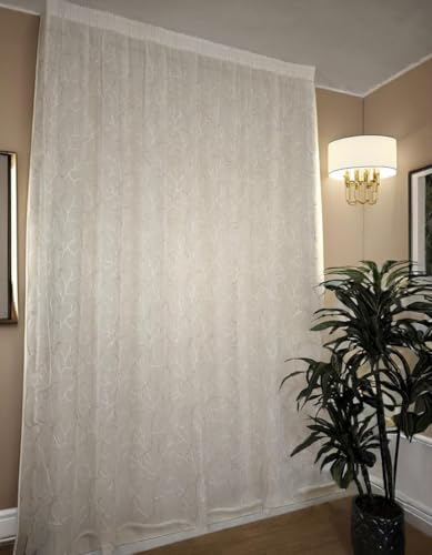 Cortina visillo transparente con bordado beige y blanco, cinta fruncidora, ideal para salón o dormitorio. Compatible con rieles de 140/170 cm, altura ajustable 180-279 cm. Medida: 280 x 180 cm.