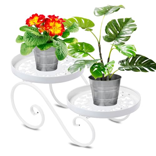 Santentre 2 Livelli Bianco Porta Piante da Interno, Metall Scaffale per Piante, Antiruggine Portavaso da Interno Esterno, Piedistallo per Piante per Pianta Multipla, Rotondo Casa Espositore Portafiori
