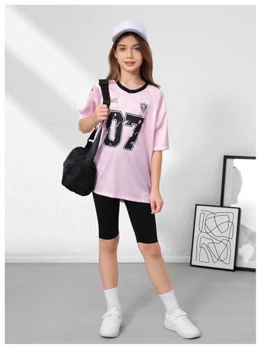 Image of GORGLITTER Girl's Cute Tee Tops Y2K Oversized Jersey Letter Graphic V Neck Half Sleeve Summer Vacation Going Out Shirts