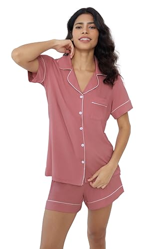 Image of Cherrydew Women Bamboo Viscose Super Soft Comfy Summer Cooling Short Sleeve Button Down Pajama Shorts Set S-XXL