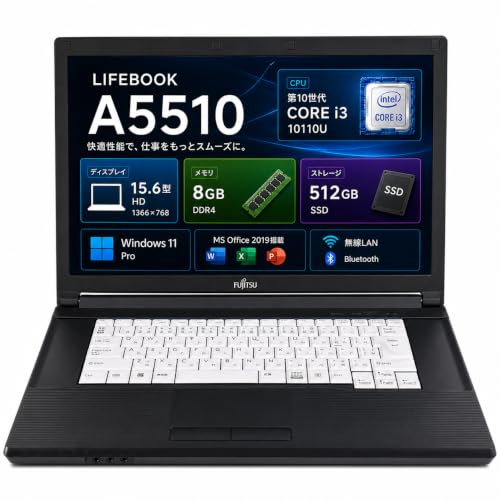 �y�����ςݕi�zLIFEBOOK A5510 �m�[�g�p�\�R�� 15.6�C���` Windows 11 Pro MS Office 2019���� ��10���� Core i3-10110U ������8GB SSD512GB DVD�h���C�u Wi-Fi Bluetoo
