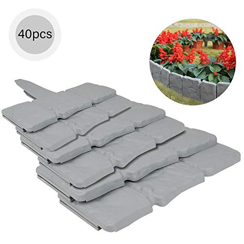EXLECO 40 Pcs Palisade Zaun 10 M Beetumrandung Beeteinfassung Grau Rasenkantensteine Kunststoff für Rasen