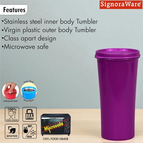 Image of SignoraWare Monarch Stainless Steel Tumbler | Airtight & Leakproof | Easy to Carry & Clean | Ideal for Cold Beverages | Perfect for Office, School, Home & Outdoor Use (650ml | Emagenta)