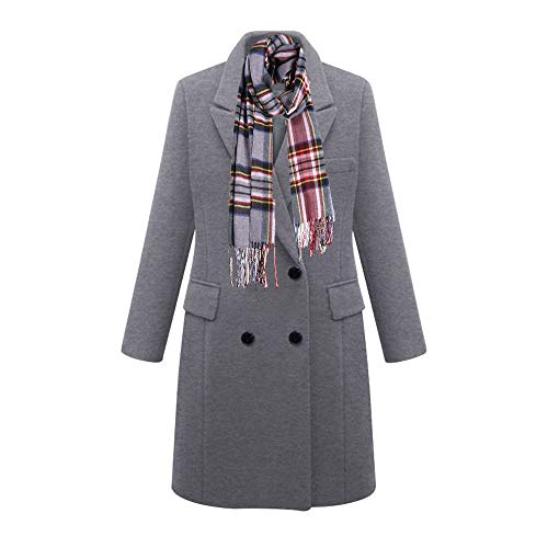 Pantete Women's Notched Lapel Wool Coat Double Breasted Long Trench Jacket Winter Pea Coat With Cashmere Scarf Grey #TOP18