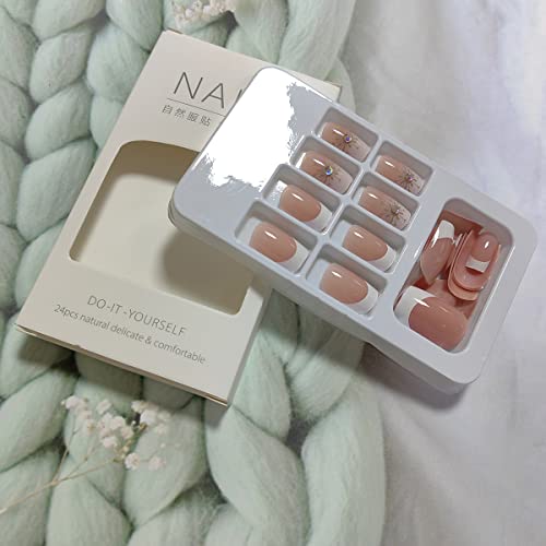 White French Tip Press On Nails Short Square False Nails With Snowflake Rhinestones Designs Fake Nails Nude Pink Full Cover Coffin Glue On Nails Artificial Acrylic Nails For Women Girls 24 Pcs #TOP2
