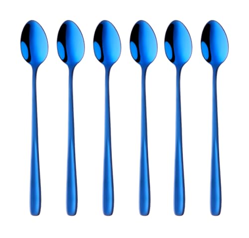 SBOMHS Lot de 6 cuillères à café latte macchiato en acier inoxydable 18/10 - Long manche - Pour café, cappuccino, dessert - 20 cm - Pour café au lait Nutella - Bleu