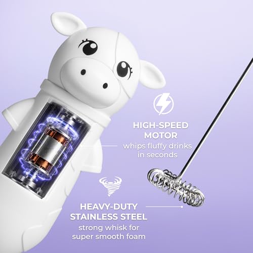 Image of Zulay Kitchen Cow Milk Frother Wand - Cutesy Frother, Meet Your New Frothing Buddy Daisy The Cow, Adoption Papers and Stickers Included, Purrr-fect for Lattes, Cappuccino & Matcha - White