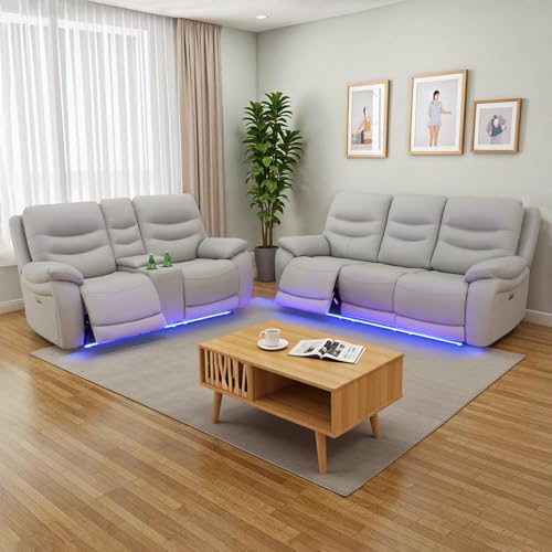 JBXBER Power Reclining Sofa Set, Leather Recliner Sofa Sets, Light Grey Couch Set for Living Room with USB Ports, LED Light(Sofa and Loveseat)