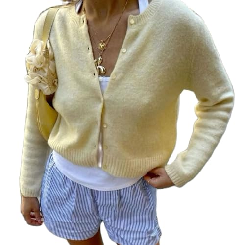 RUEWEY Women Y2k Crew Neck Button Down Long Sleeve Cropped Cardigan Knitted Sweater Light Jacket3
