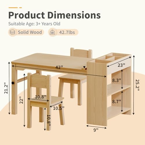 Kids Art Table, Wooden Kids Craft Table for Playroom, Kids Activity Table with 2 Chairs, 4 Storage Baskets, 2 Rows of Storage Racks and Paper Rolls (Wood) - Thumbnail 7