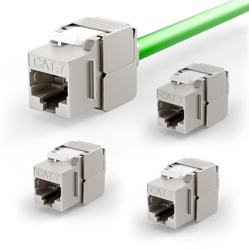LEENUE Geschirmte Keystone RJ45 Cat 7 10 Gbit/s/600MHZ Vergoldet Keystone Modul PoE für CAT7 CAT6A CAT6 Verlegekabel rj45 buchse für Patch Panel Netzwerkdos Wiederverwendbar 4 Stück