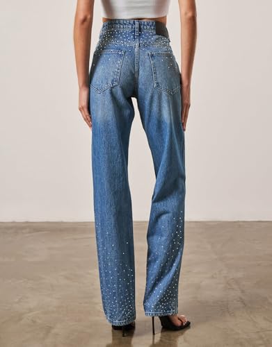 Kedera Womens High Waisted Rhinestone Jeans Wide Leg Denim Pants Sparkle Jeans Studded Bling Pants with Diamonds2
