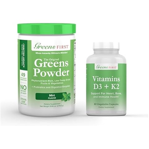 Greens First - Mint - 30 Servings - Greens Powder Superfood, 49 Superfoods, 15+ Organic Fruit & Vegetables, Dairy Free, Vegan & Non-GMO - 9.86 oz and D3+K2 Vitamins, 60 Vegetable Capsules Cover