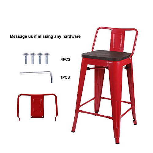 Gia Low Back Metal Barstool With Wooden Seat 24" Counter Height(1 Pack) - Red Color - Light Weight Easy Assemble And Stackable #TOP3