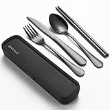 Travel Utensils with Case, Stainless Steel Camping Cutlery Set, Reinforced Case with Snap-Lock Closure, 5-Pcs Include Fork Spoon Knife Chopsticks, Portable Lunch Box for Picnic Office School, Black