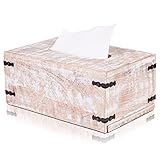 Wood Tissue Box Cover for Desktop – Vintage Rectangle Tissue Holder w/Slide Out Bottom for Refills – Desktop Tissue Holder – Rustic White Wood Pieces for Home Office Decor – 6.4” X 10.2” X 4.5”