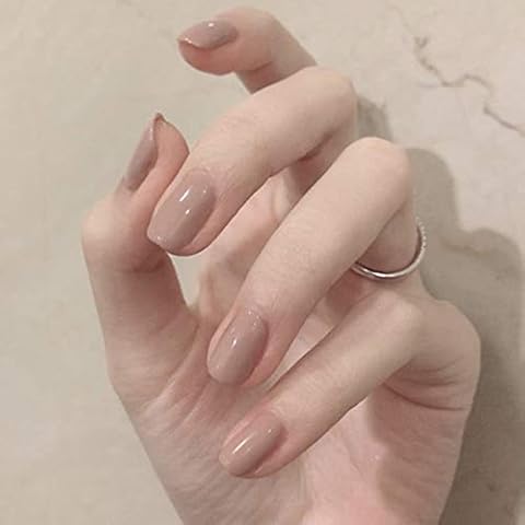 Sethain Glossy Short False Nails Tips Pure Square Fake Nails Full Cover 24PCS Press on Nail for Women and Girls (Khaki) Cover