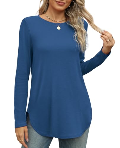 Image of XIEERDUO Womens Long Sleeve Round Neck Shirts Side Split Basic Loose Tunic Tops Casual 2026