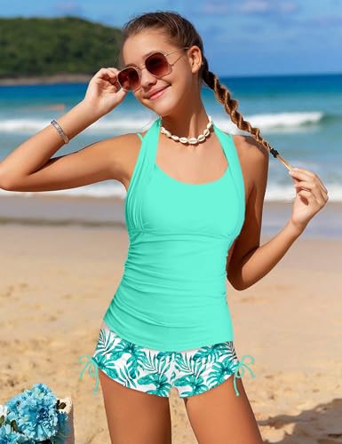 Image of Girls Swimsuit 2 Piece Halterneck Girls Tankini Swimsuit Drawstring Printed Swim Shorts Girl Bathing Suit for 7-18T