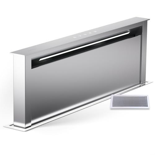 Klarstein Downdraft-Dunstabzugshaube 90cm, Versenkbare Dunstabzugshaube Abluft/Umluft für die Küche, Schmale Umluft-Abzugshaube ohne Rohr, 576m³/h Luftstrom, LED-Beleuchtung & Touch-Bedienfeld