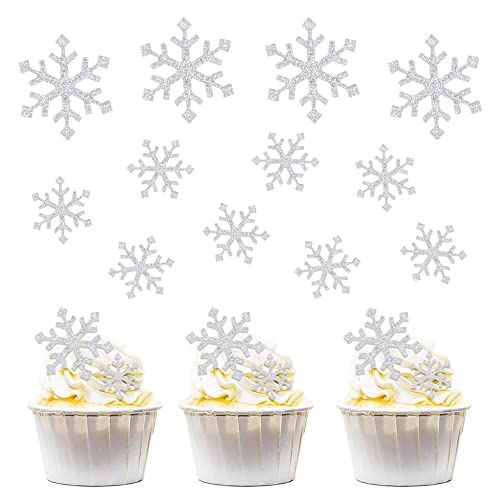 Ercadio 15pcs Snowflake Cupcake Toppers Acrylic Silver Glitter Winter Frozen Theme Picks Shiny Cupcake topper Snowflake Cake Decors Baby Shower Christmas Party Decoration Supplies