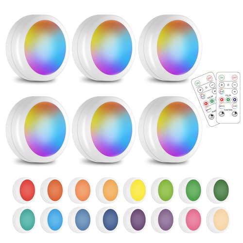 SIXDEFLY Wireless 16 Color Changing LED Puck Light 6 Pack LED Under Cabinet Lighting Closet Light Battery Powered Night Lights with Remote Control Dimmer & Timing Function