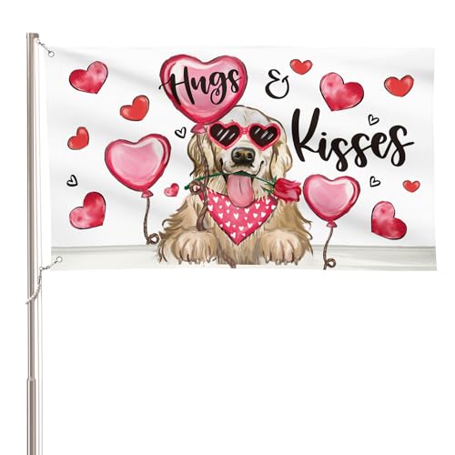 AVOIN colorlife Valentine's Day Dog Flag 3x5 FT Golden Retriever Hugs Kisses Double Sided, Large Banner House Anniversary Yard Outdoor Flag