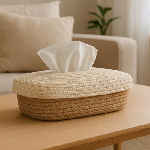 Image of BOBBINY Jute Cotton Tissue Box Holder, Handcrafted Tissue Container for 100 Pulls Natural Tissue Holder for Office Living Bedroom Car Desk Dining Table Home Decor (Off White & Brown, Design 5)
