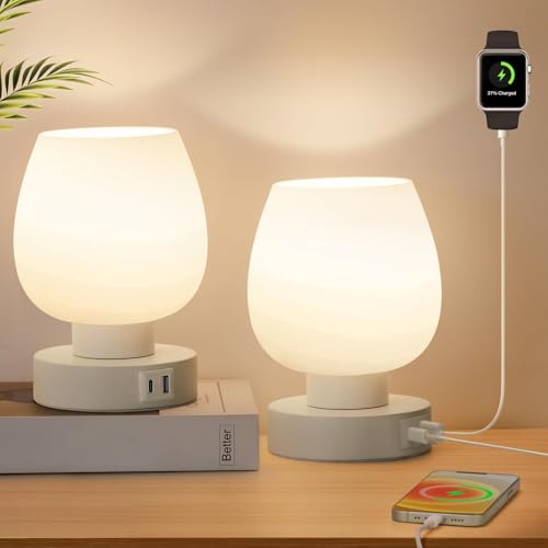 Touch Bedside Table Lamp Set of 2 - Modern Nightstand with USB-C&A Charging, 3-Way Dimmable LED Desk Lamp, White Opal Glass Shade