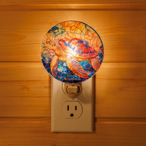 Image of Sea Turtle Night Light - Real Glass Stained Glass Styled Plug-in Wall Light for Vertical Outlets, Perfect Ocean-Themed Gift for Beach Lovers and Coastal Homes